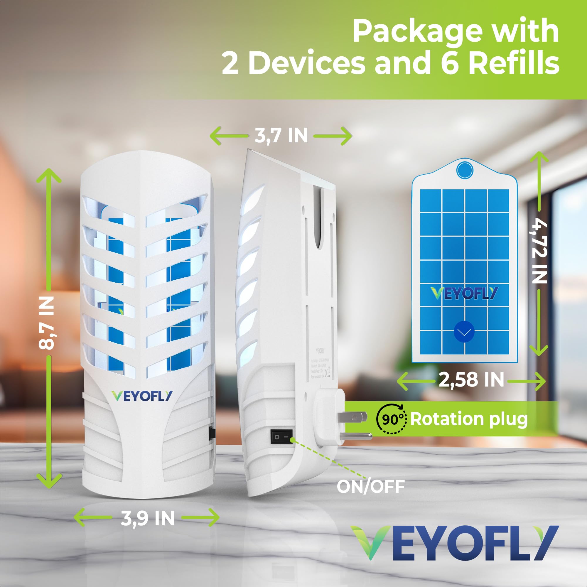 Plug-in VEYOFLY installation shown in a wall outlet setup for easy use.