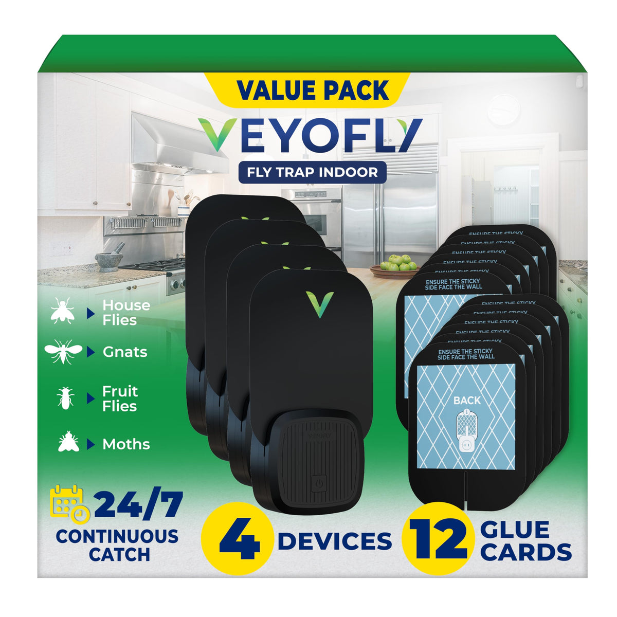 VEYOFLY indoor fly trap front view with wall-directed light for discreet use
