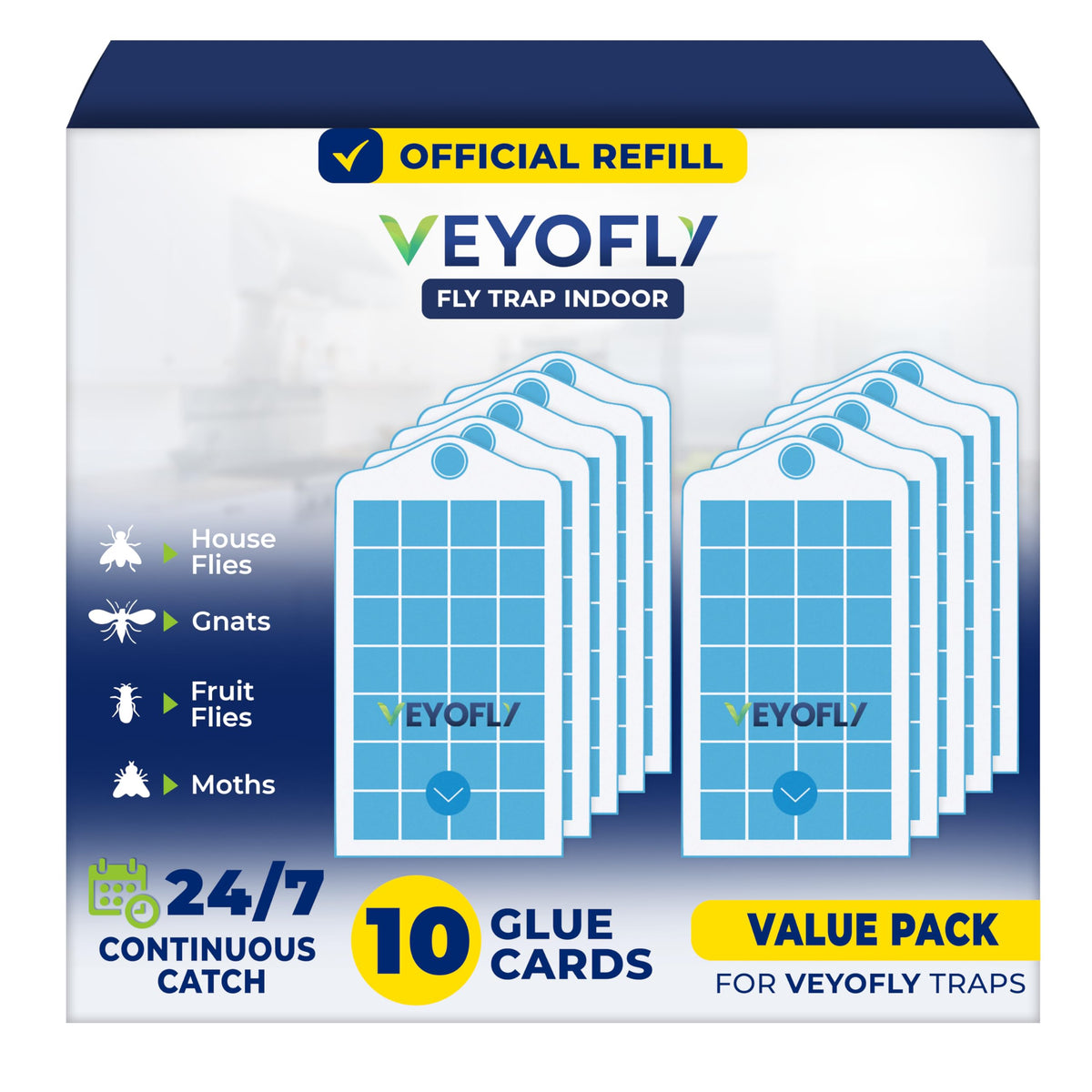 VEYOFLY fruit fly trap refill boards for indoor use with ultra-adhesive capture.