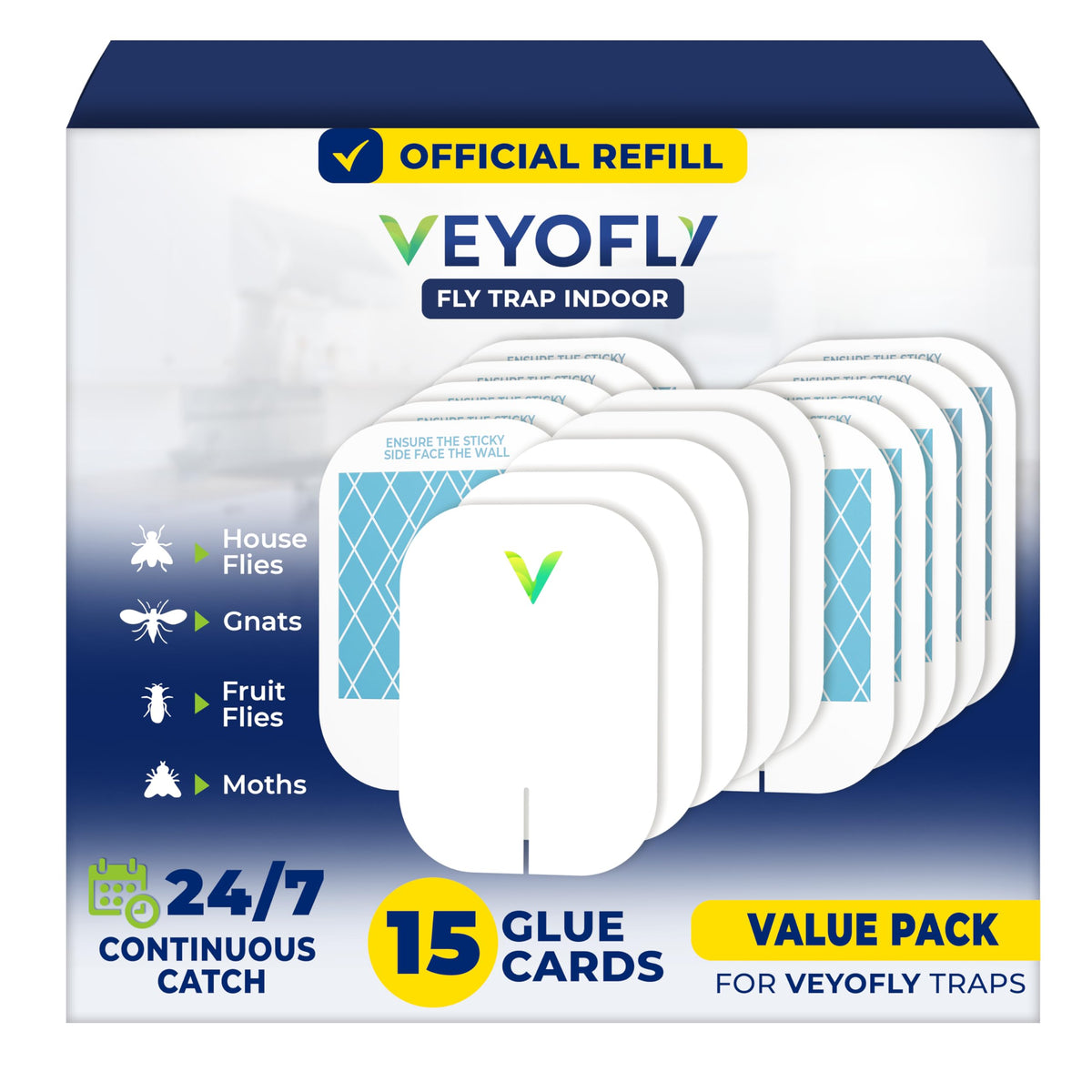 VEYOFLY fly trap plugged in with UV light attracting insects indoors.