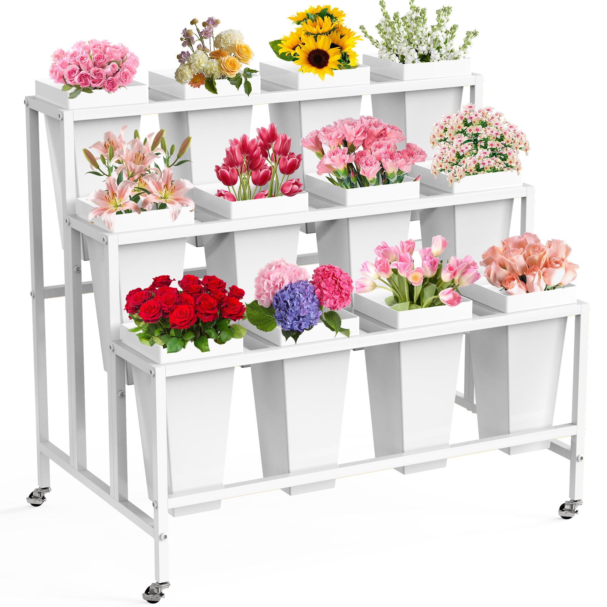 VGMiu flower display stand with 12 buckets, front view for organized bouquets