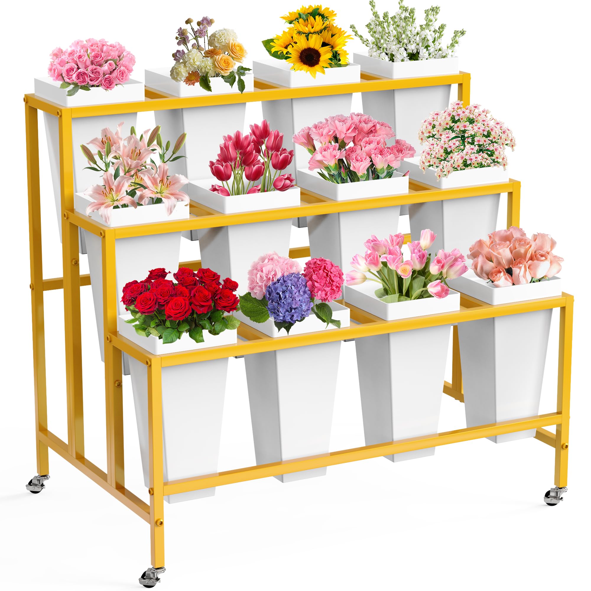 VGMiu flower display stand with 12 buckets on a three-tier gold frame for blooms