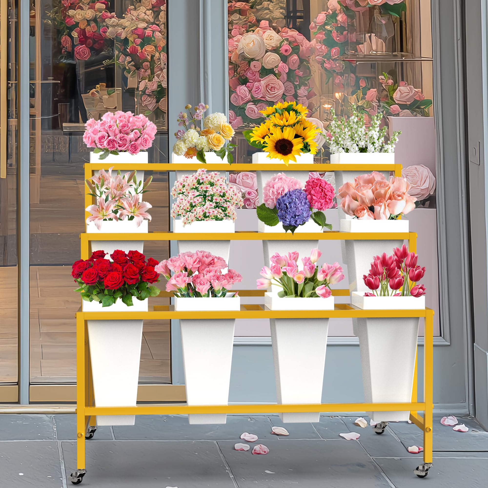 VGMiu gold metal flower cart with three layers showcasing sturdy construction