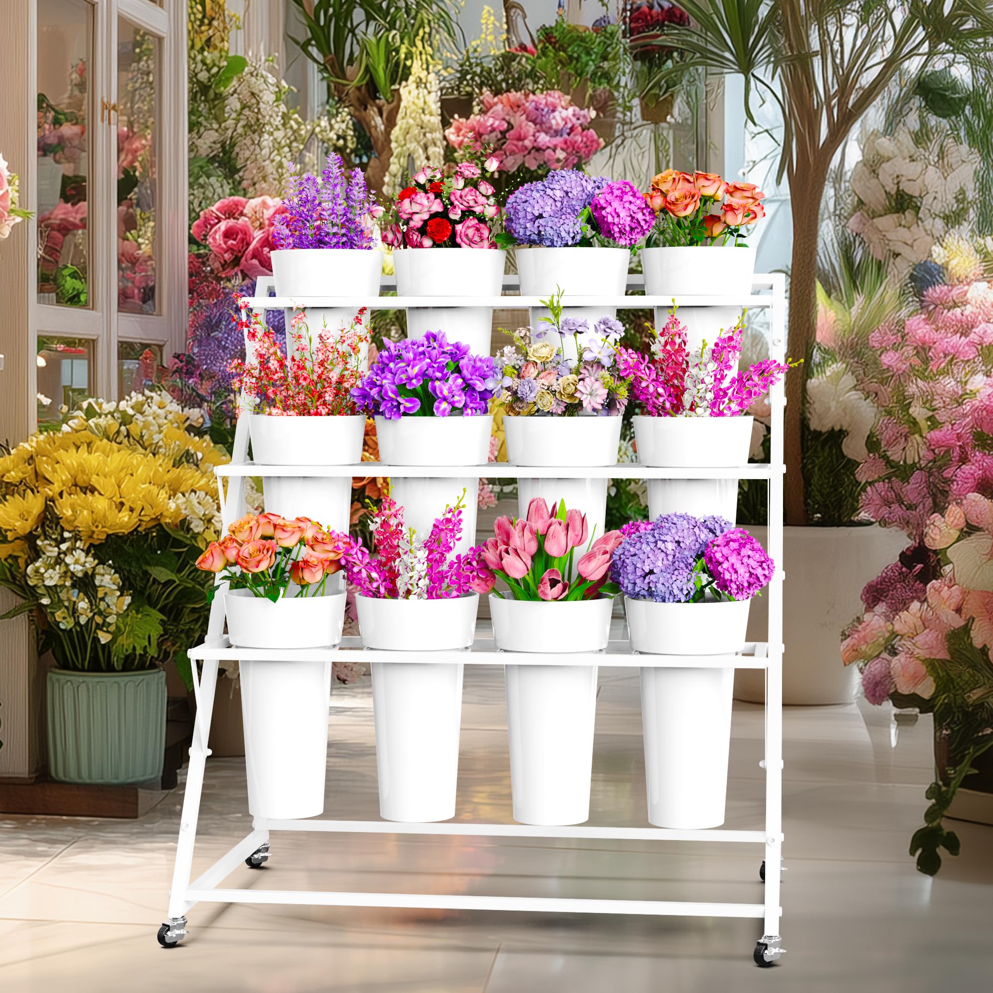 VGMiu three-tier flower bar stand highlighting varied bouquet arrangements with ample light