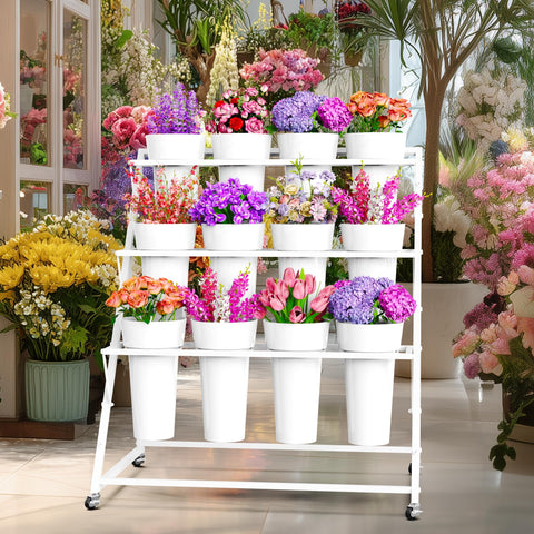 VGMiu three-tier flower bar stand highlighting varied bouquet arrangements with ample light