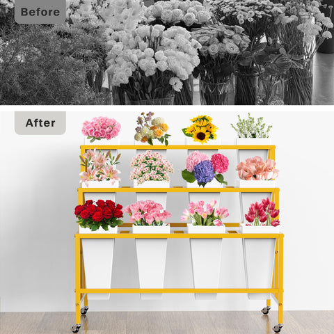VGMiu wedding-ready display on a patio for bouquets and centerpieces