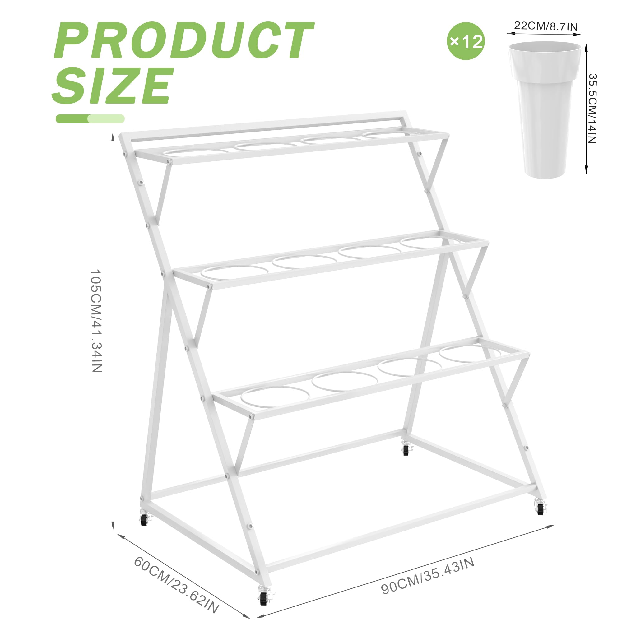 VGMiu white metal flower cart with wheels shown for easy repositioning indoors or outdoors