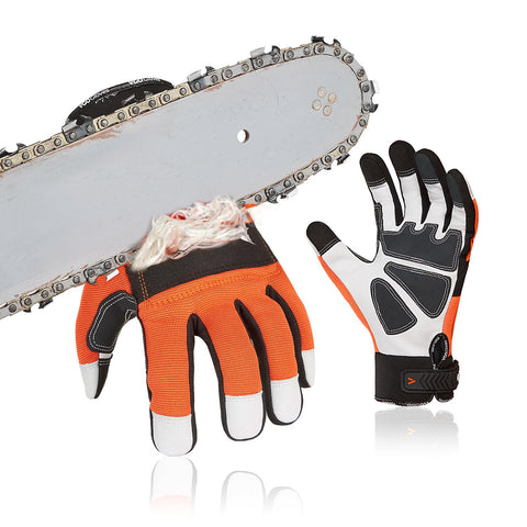 Vgo chainsaw gloves with left-back patch for added cut resistance during logging