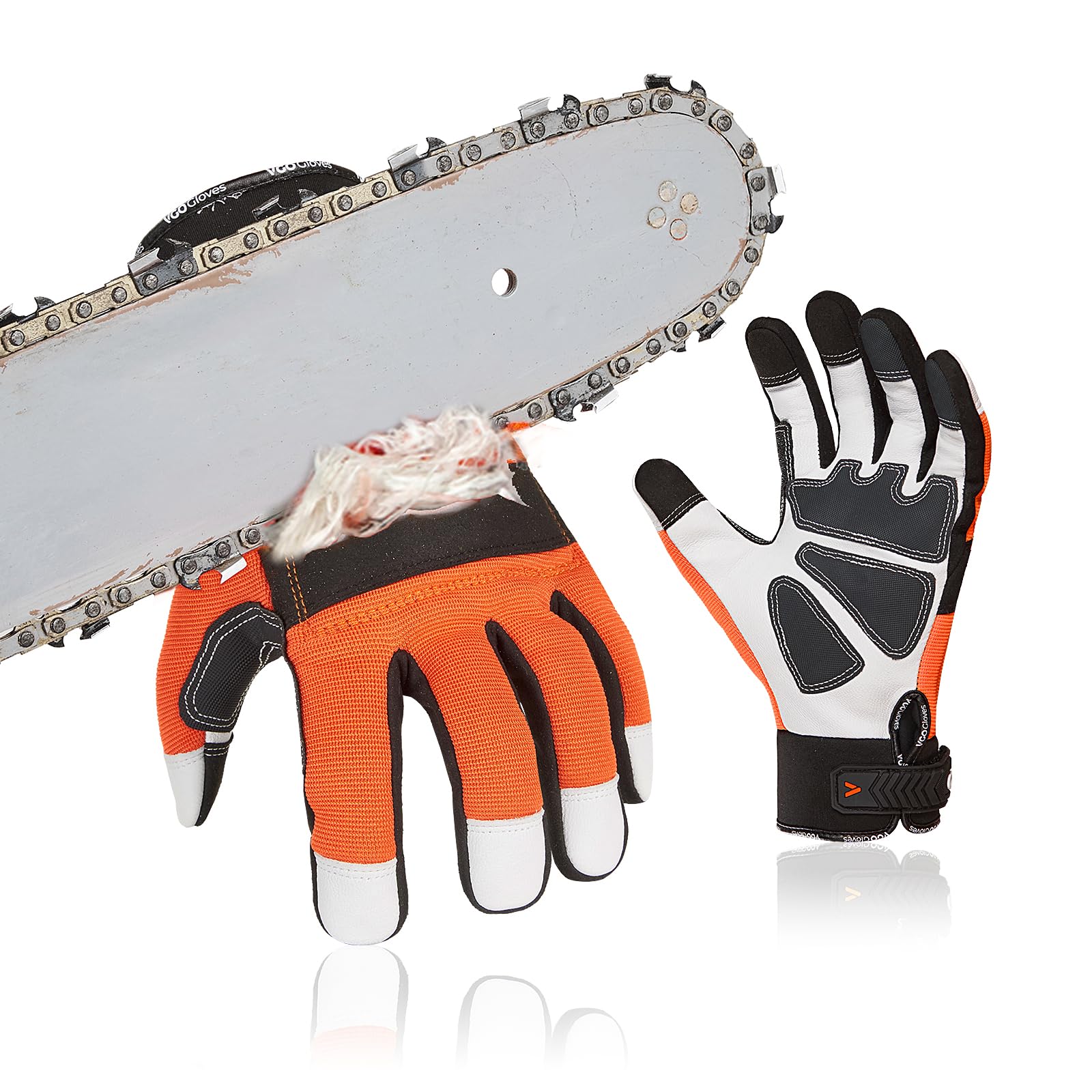 Vgo Chainsaw Gloves left-hand patch adds cut resistance for tough pruning and logging tasks.
