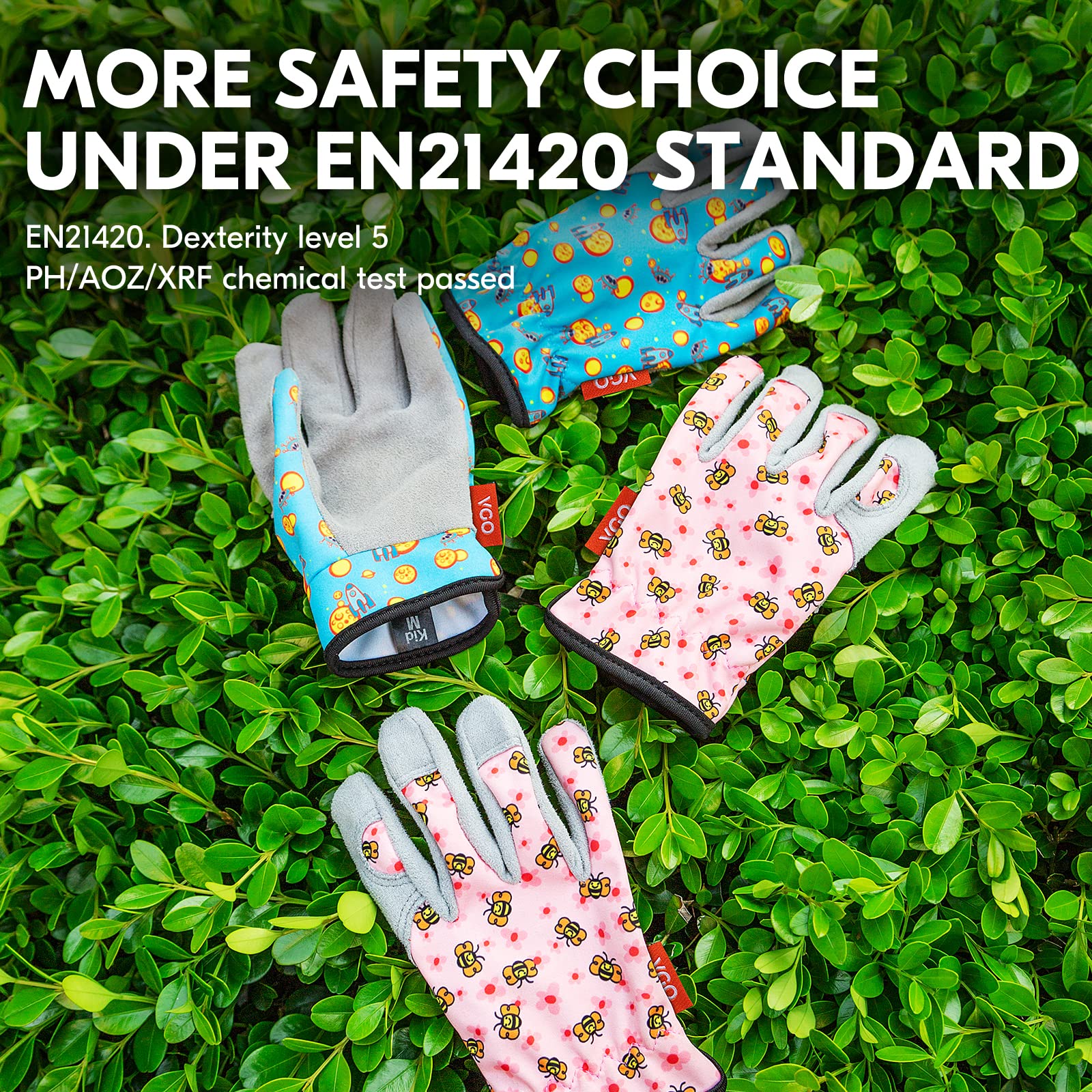 Vgo Kid Gardening Gloves Pink Bee fingers close-up reveals textured fingertips