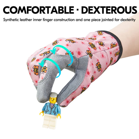 Vgo Kid Gardening Gloves Pink Bee in use during outdoor play