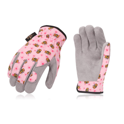 Vgo... kids gardening gloves pink bee front view with reinforced fingertips for durability.