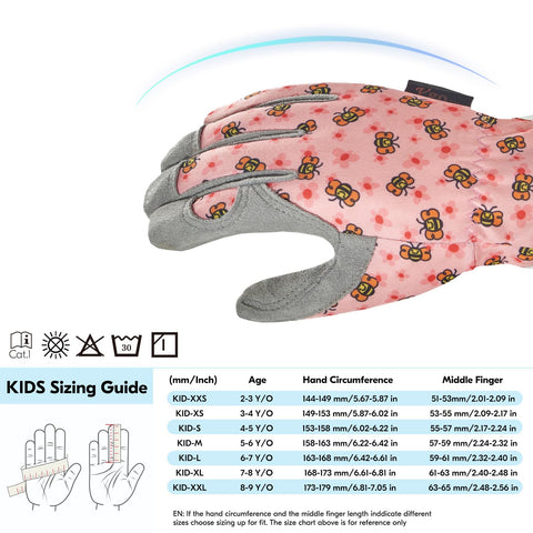 Vgo... kids gardening gloves in use, machine washable for easy cleaning.