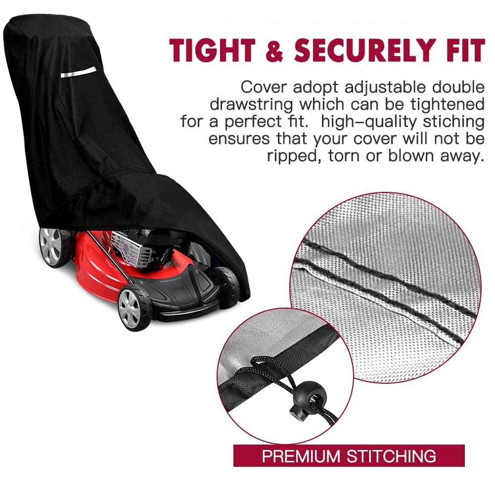 Viadom lawn mower cover with drawstring tightening stays secure against wind.