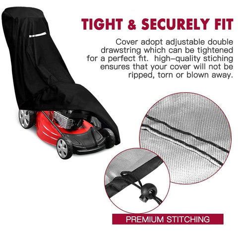 Viadom lawn mower cover with drawstring tightening stays secure against wind.