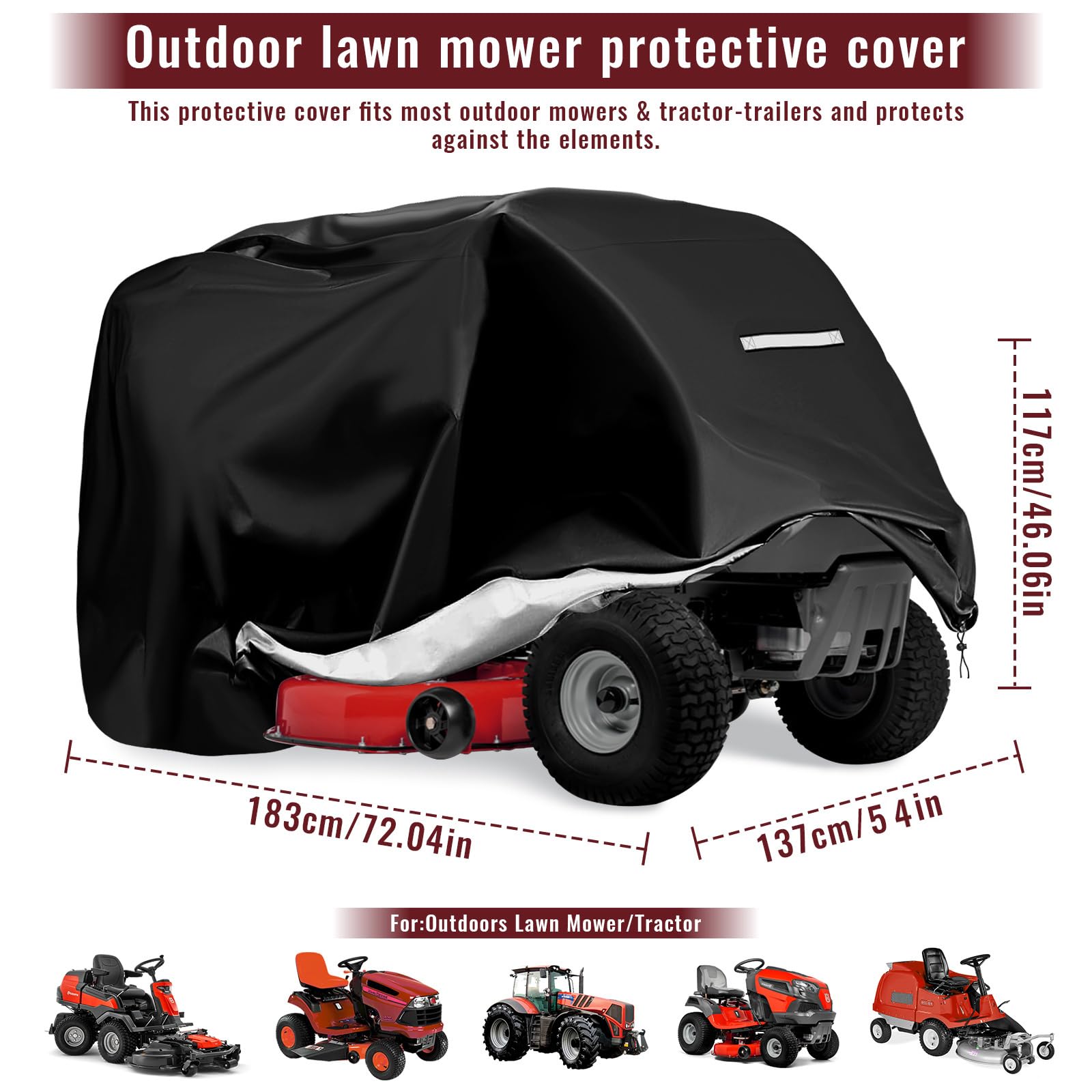 Viadom lawn tractor cover back view shields wind and UV exposure.