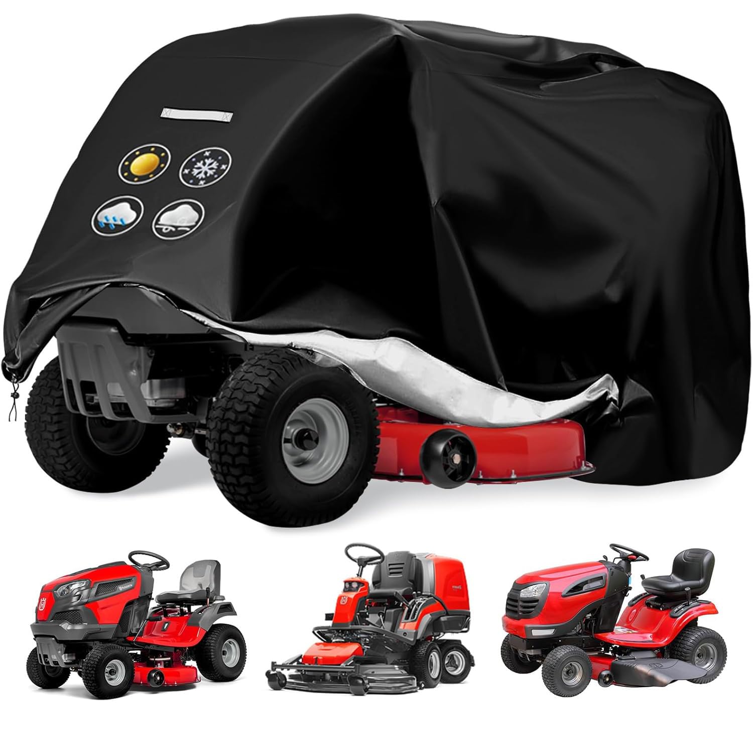 Viadom riding lawn mower cover front view protects against rain and sun.