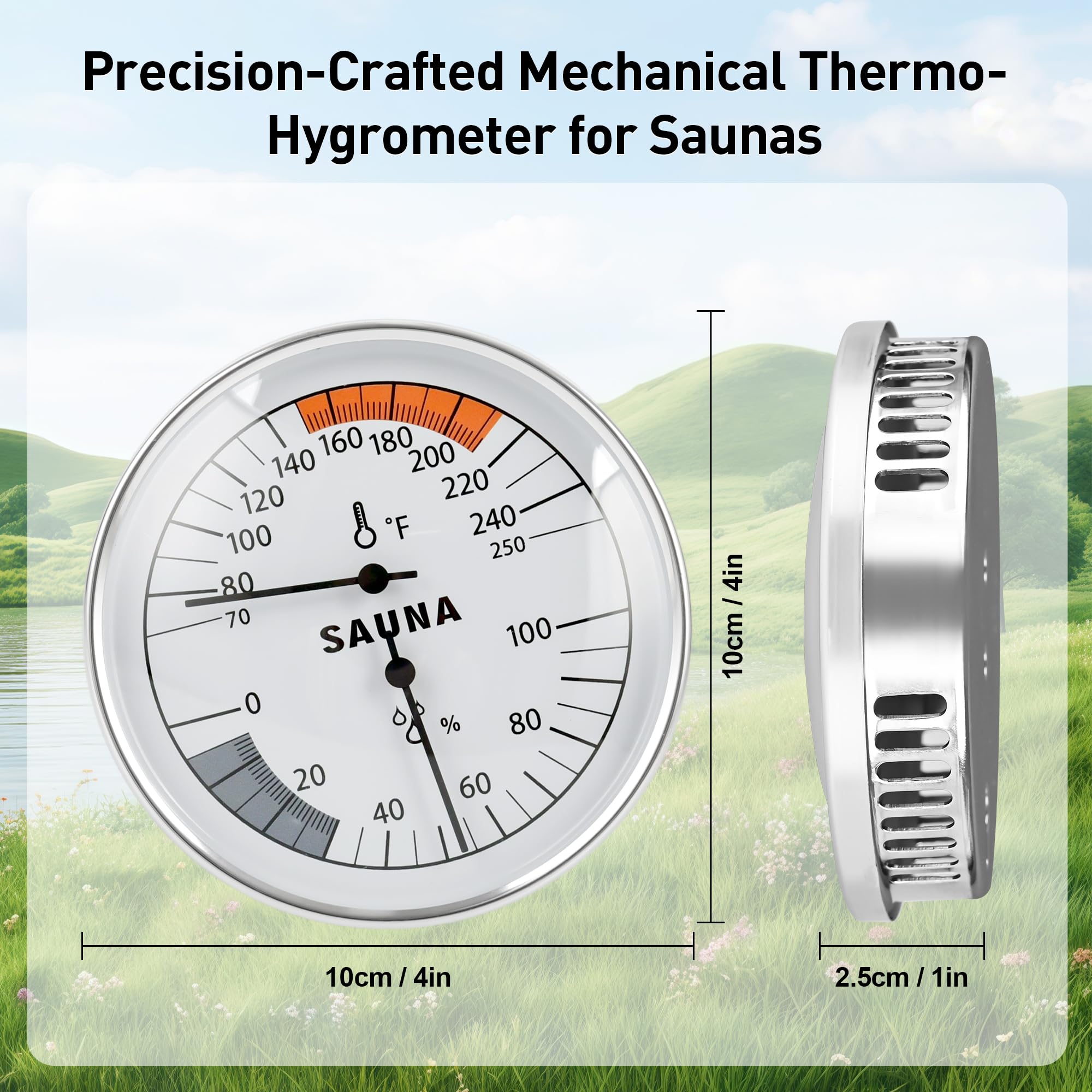 Viatanst sauna hygrothermograph dial closeup highlights clear Fahrenheit scale and humidity range