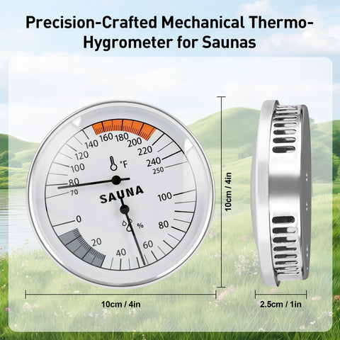 Viatanst sauna hygrothermograph dial closeup highlights clear Fahrenheit scale and humidity range
