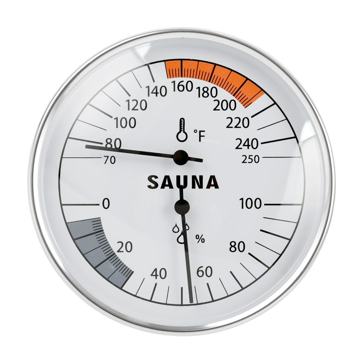 V Viatanst sauna hygrothermograph front dial shows temperature and humidity readings