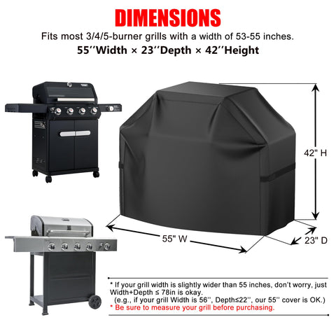 VIBOOS grill cover 55-inch side view highlights secure fit with adjustable straps.