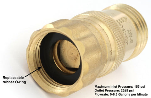 Vibrant Yard Co. 3/4" FHT/MHT connections shown on brass regulator for universal compatibility.