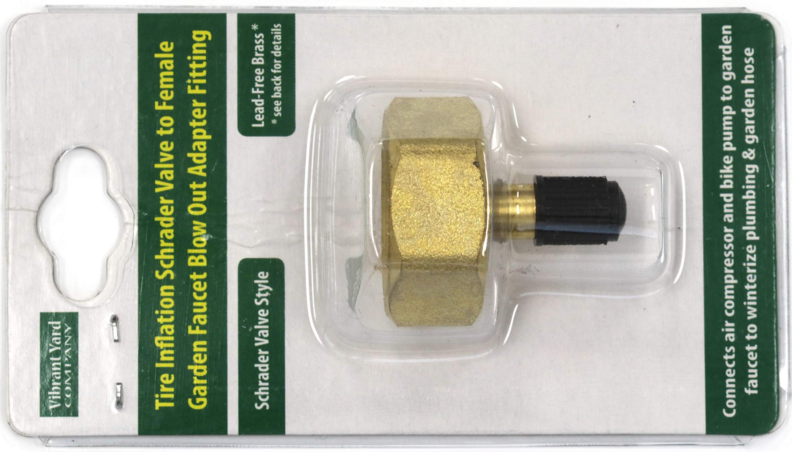 Vibrant Yard Schrader valve to hose adapter supports air compressor use for winterizing.