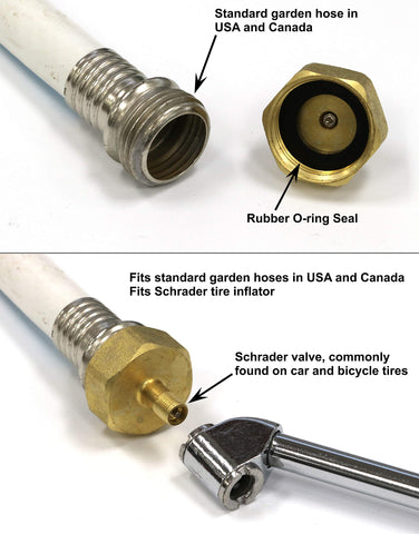 Vibrant Yard Schrader-to-hose adapter fits standard hoses across USA and Canada.