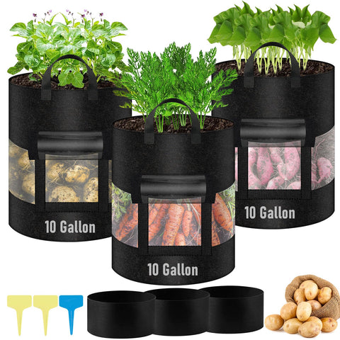 VICAMB 3-pack 10-gallon grow bags showing 360° visibility to monitor growth easily