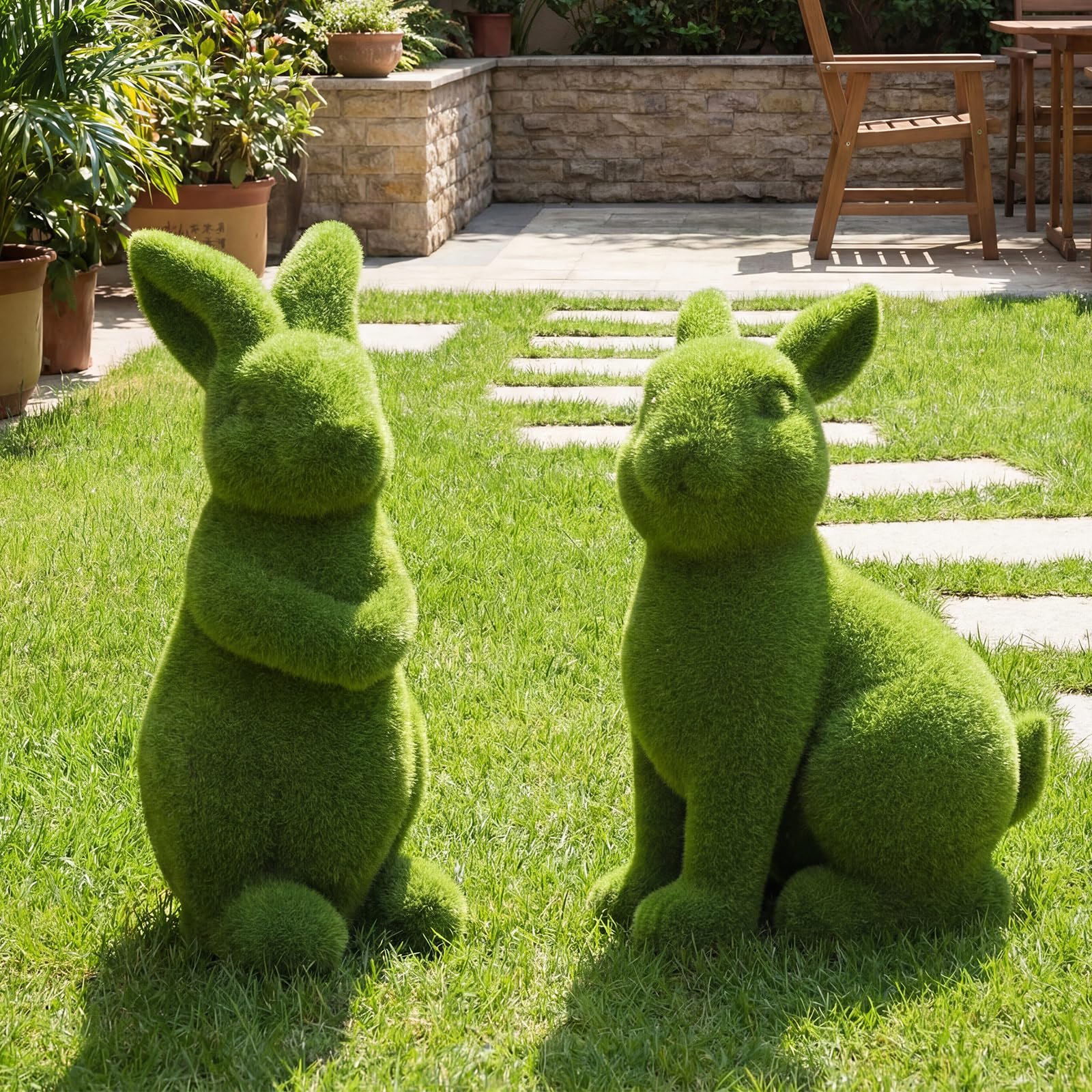Vicenpal sitting moss bunny front view pairs with flower beds.
