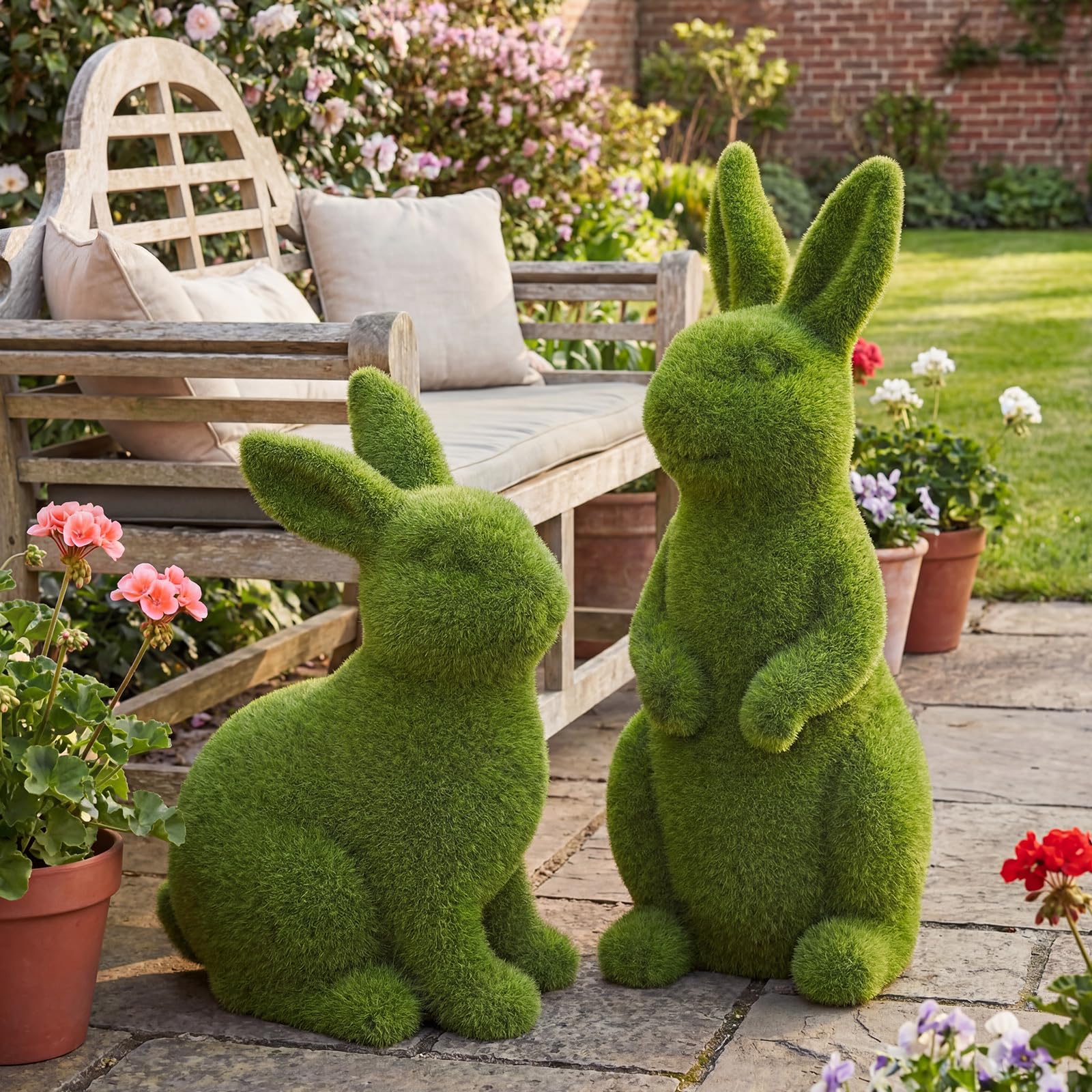 Vicenpal standing moss bunny statue enhances outdoor yard decor.