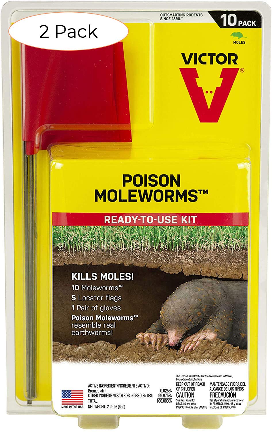 Victor M6009 Poison Moleworms yellow pellets, two-pack, for mole control in lawns and gardens.