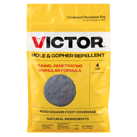 Victor M7001-1 mole and gopher repellent bag shown for easy storage
