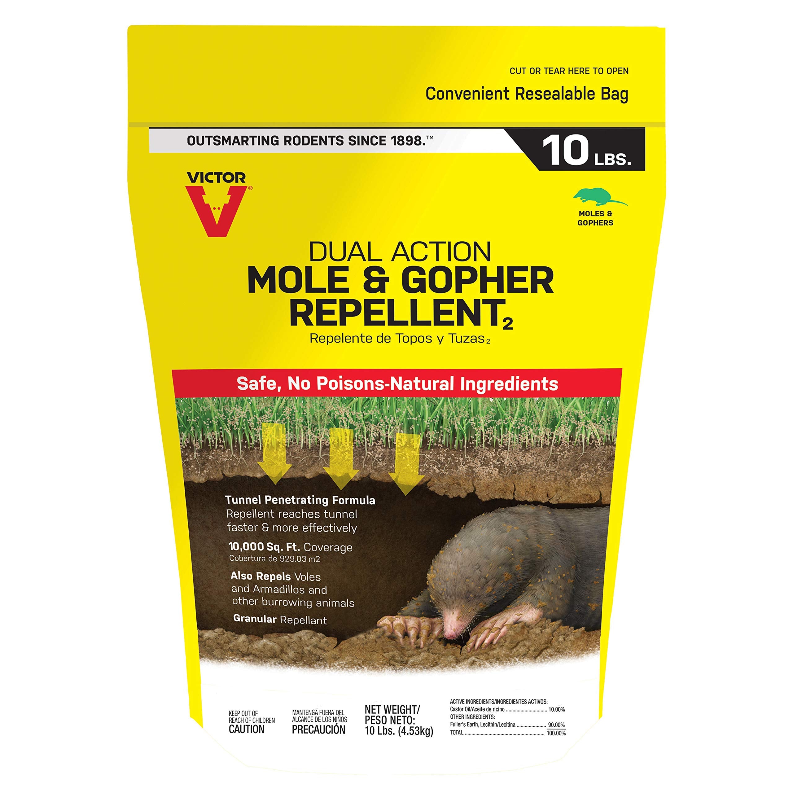 Victor Mole & Gopher Repellent bag with resealable lid for easy storage.