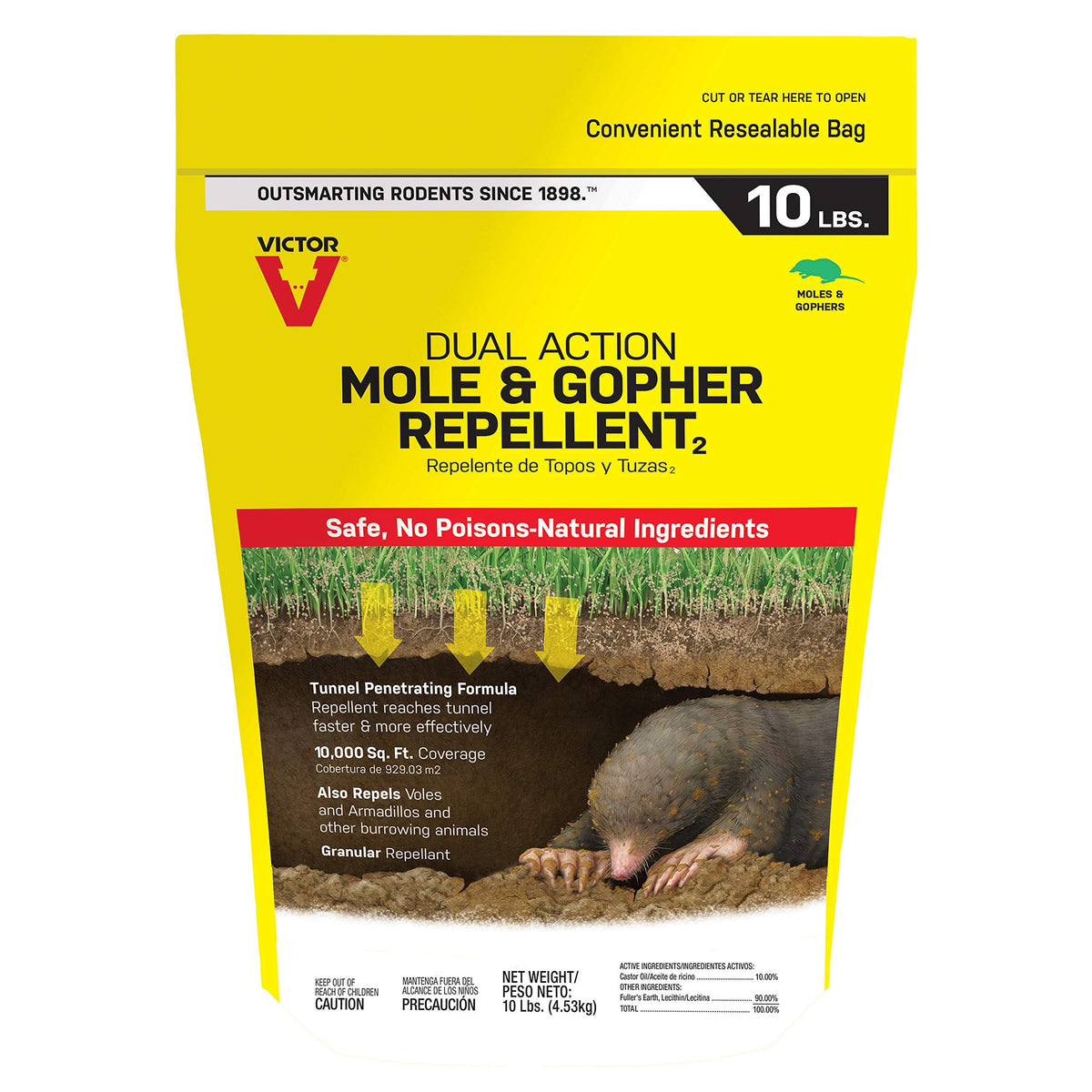 Victor Mole & Gopher Repellent bag with resealable lid for easy storage.