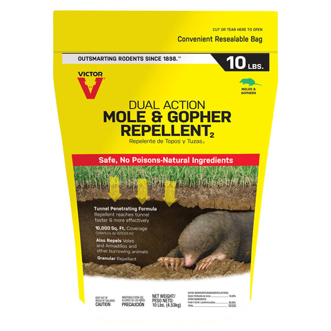 Victor Mole & Gopher Repellent bag with resealable lid for easy storage.