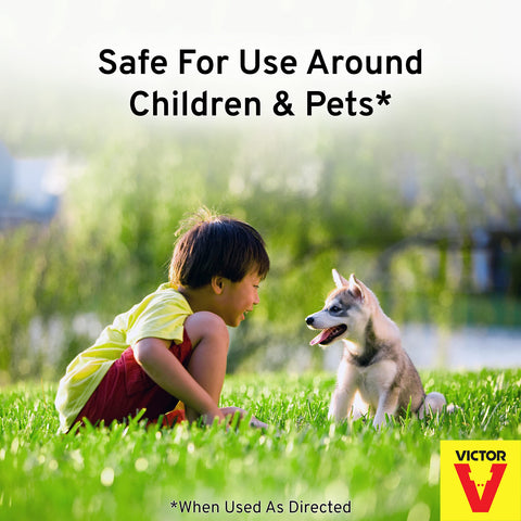 Victor Mole & Gopher Repellent safety label notes use around people and pets when directed.