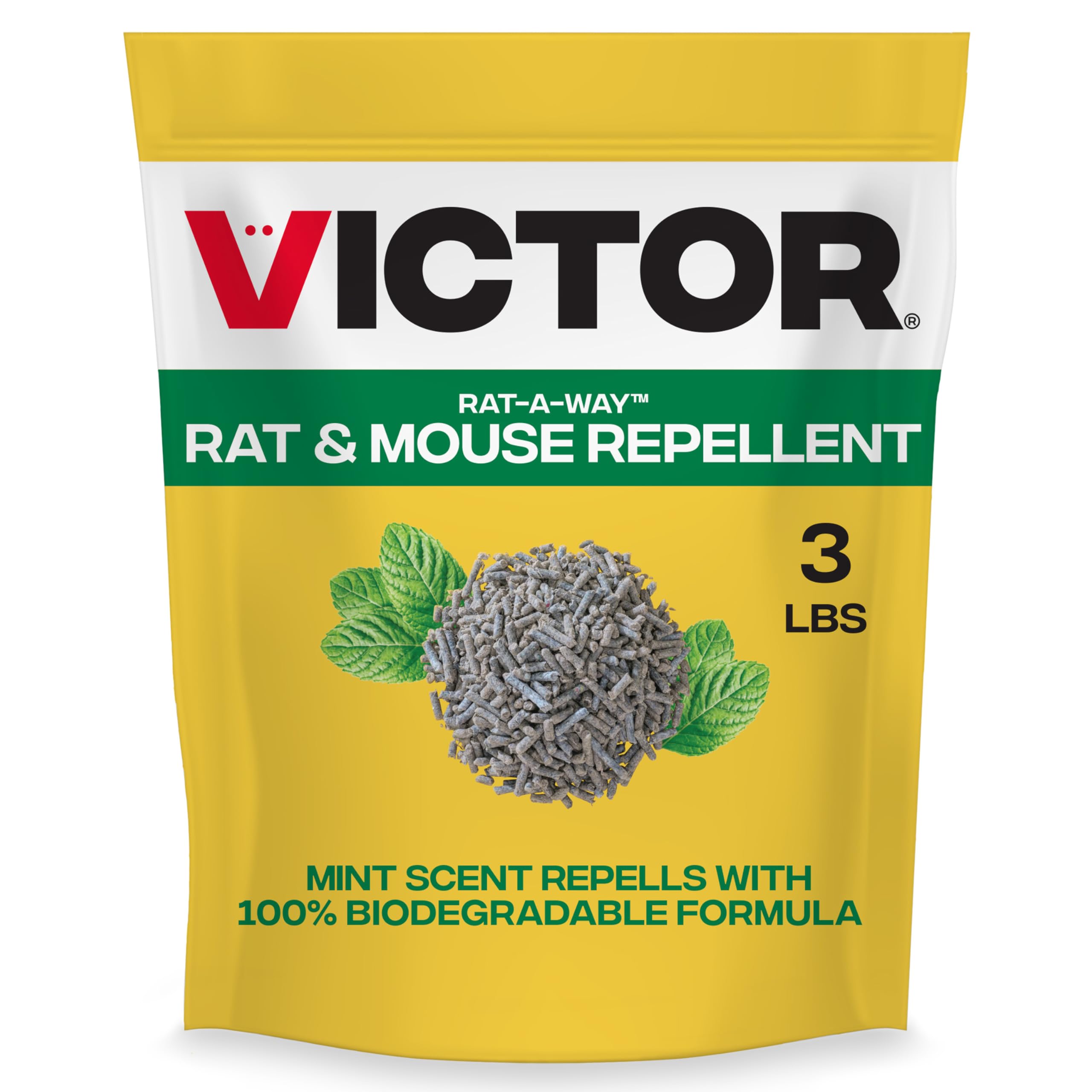 Victor Rat-A-Way packaging and 3 lb bag ready for outdoor use