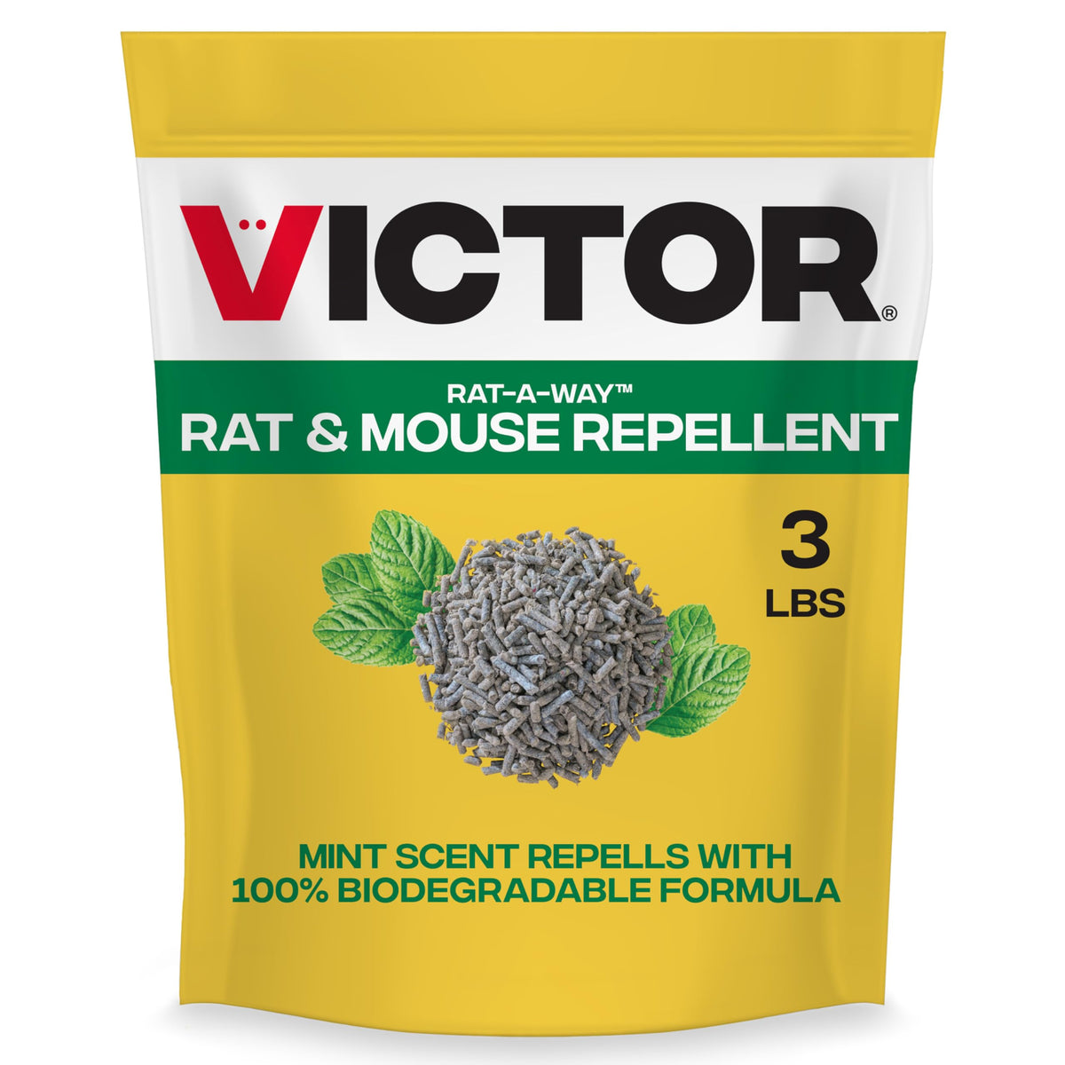 Victor Rat-A-Way packaging and 3 lb bag ready for outdoor use