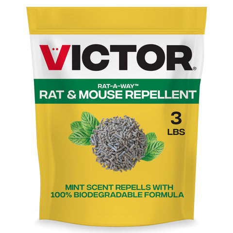 Victor Rat-A-Way packaging and 3 lb bag ready for outdoor use