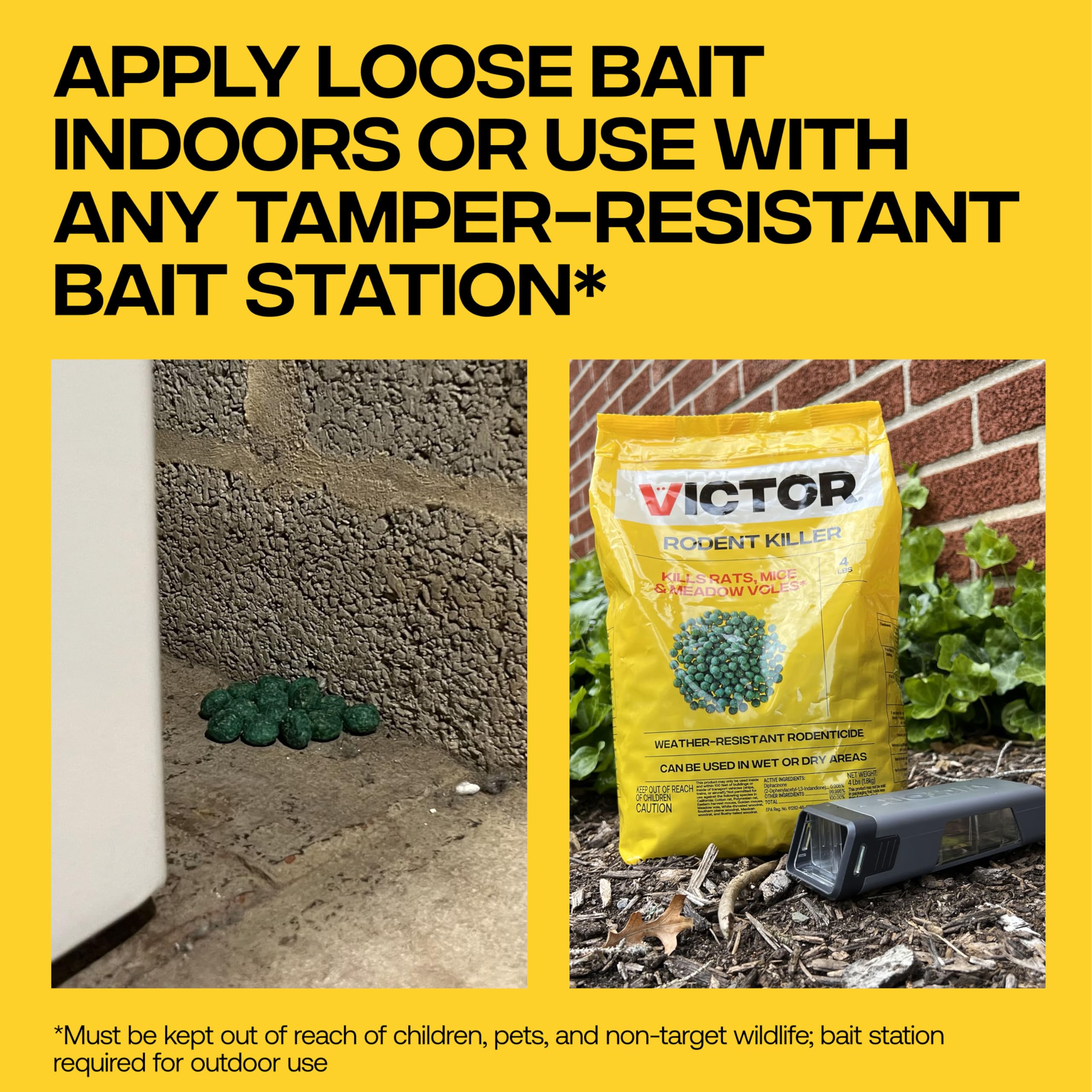 Victor outdoor-use rat poison suitable for yards, sheds, and garages for larger infestations.