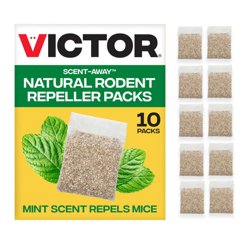 Victor Scent-Away pouch packaging showing a 10-pack of mint repellents for homes