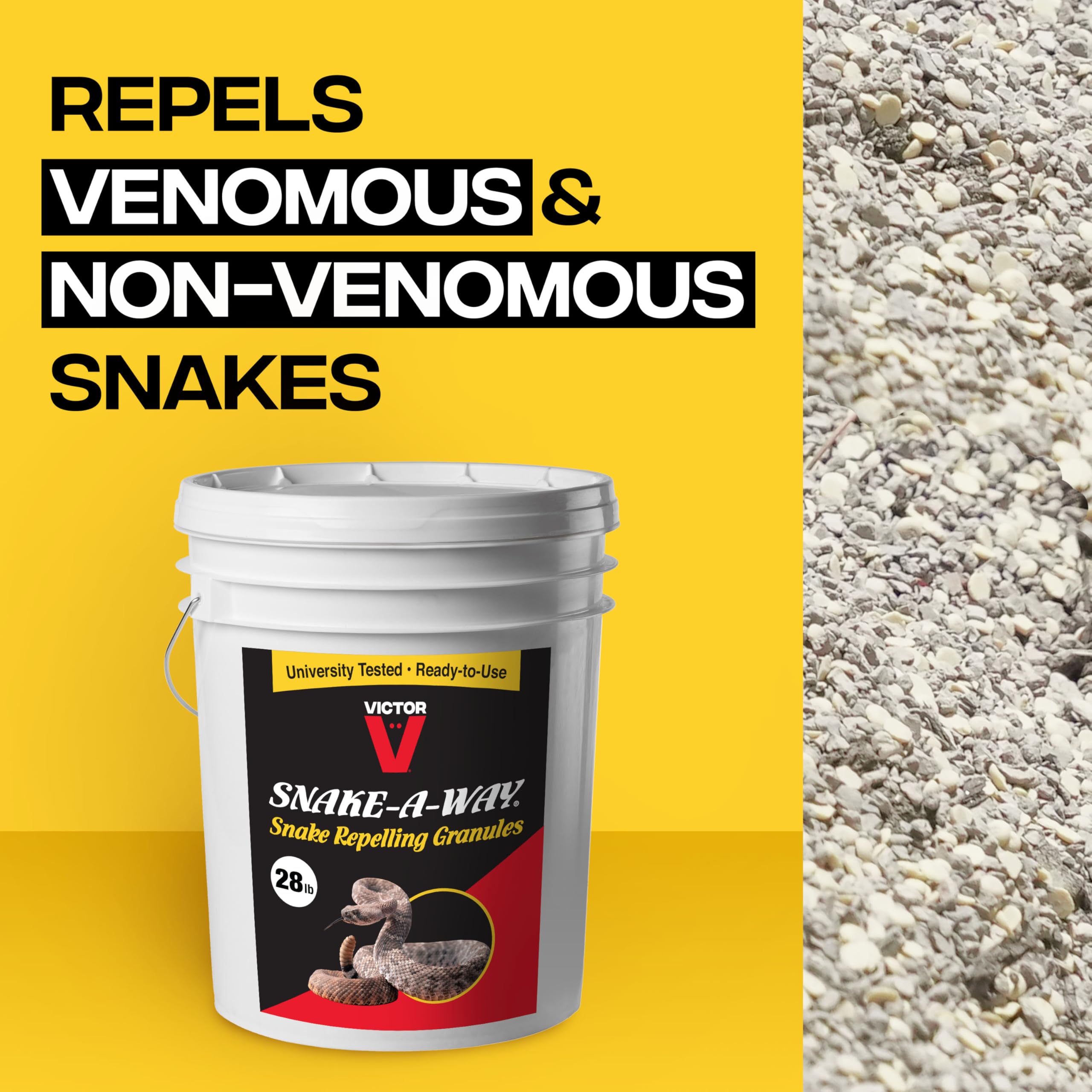 Victor Snake-A-Way granules sprinkled in outdoor areas repel snakes.