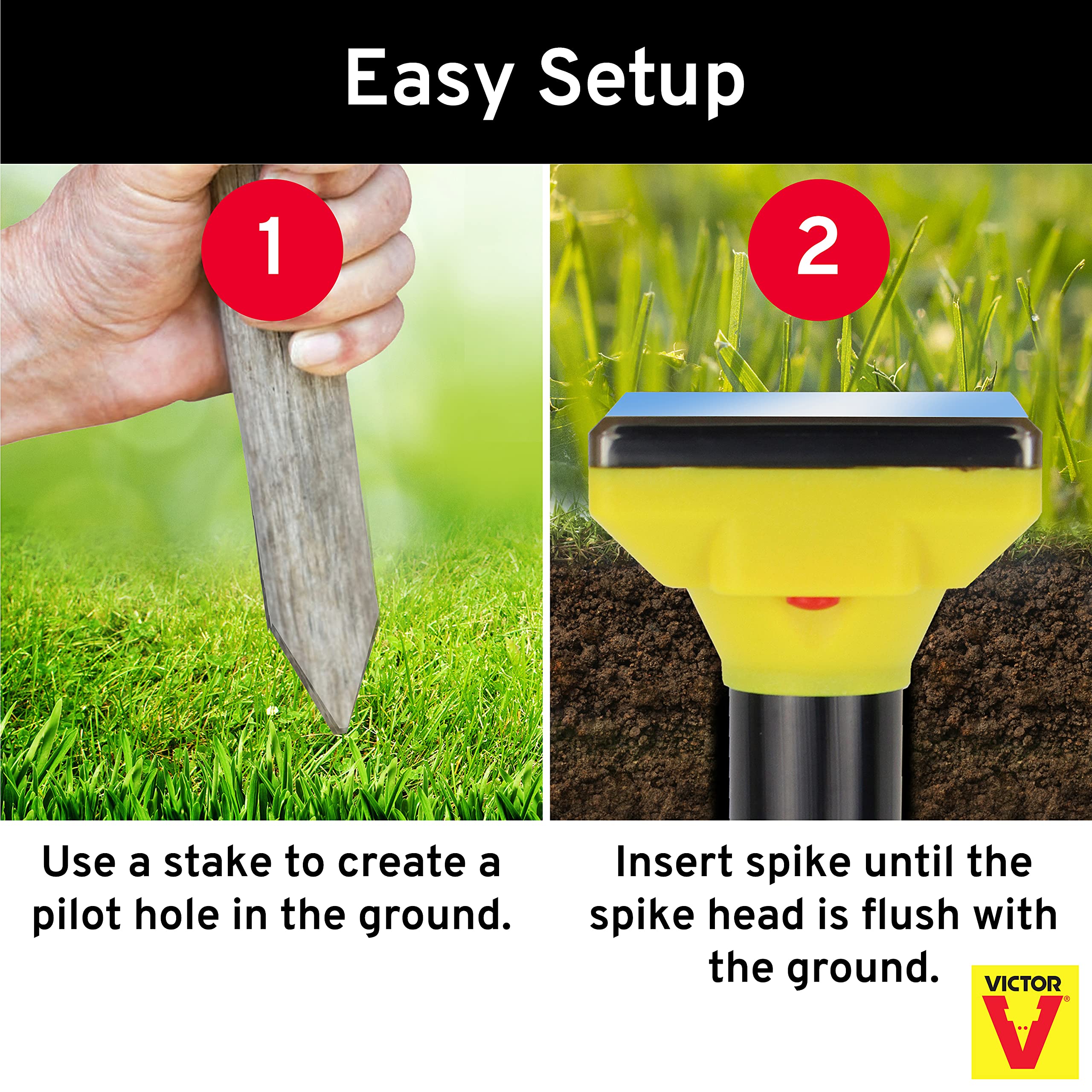 Victor weatherproof solar spike withstands rain for outdoor use.