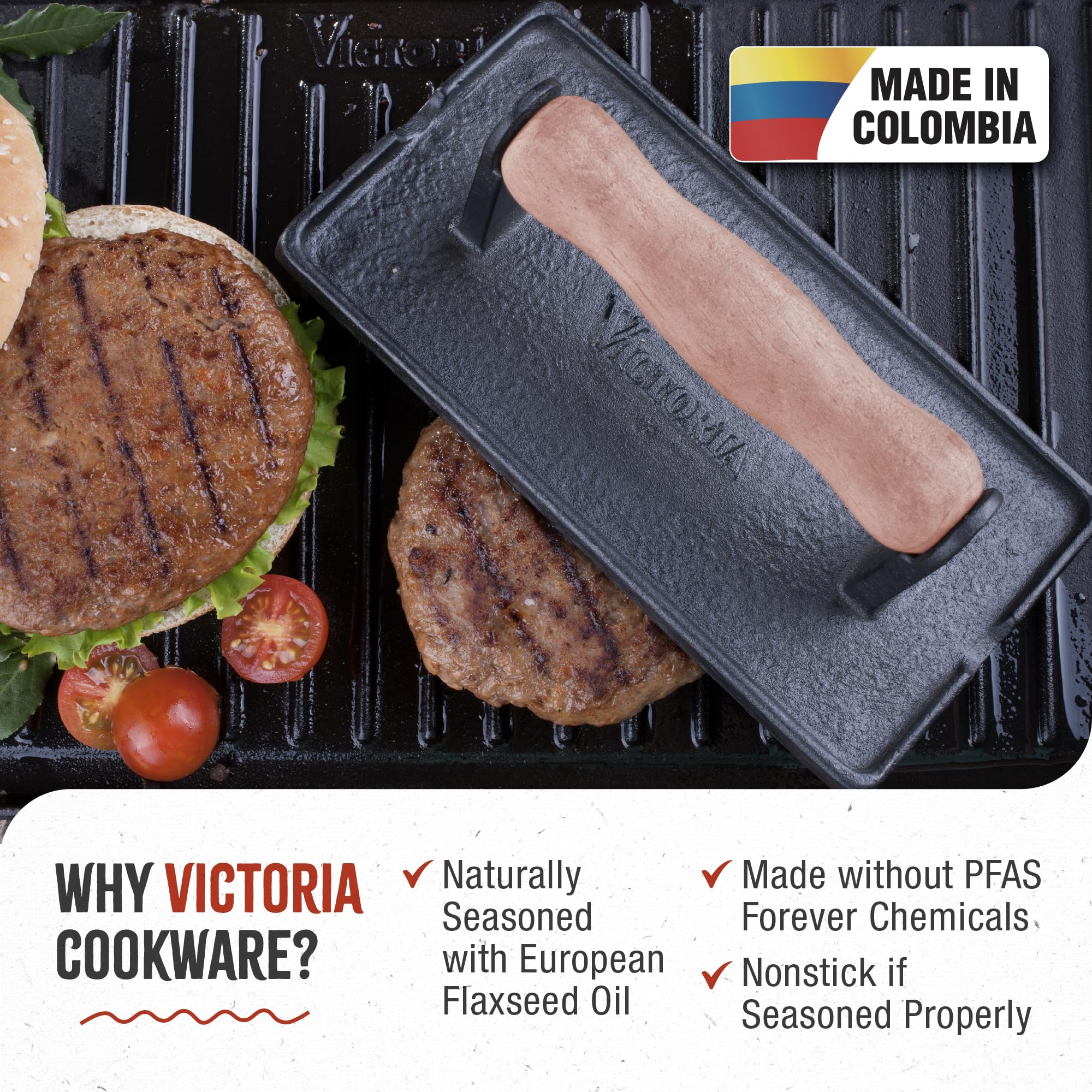 Victoria cast iron panini press with removable wood handle for reseasoning