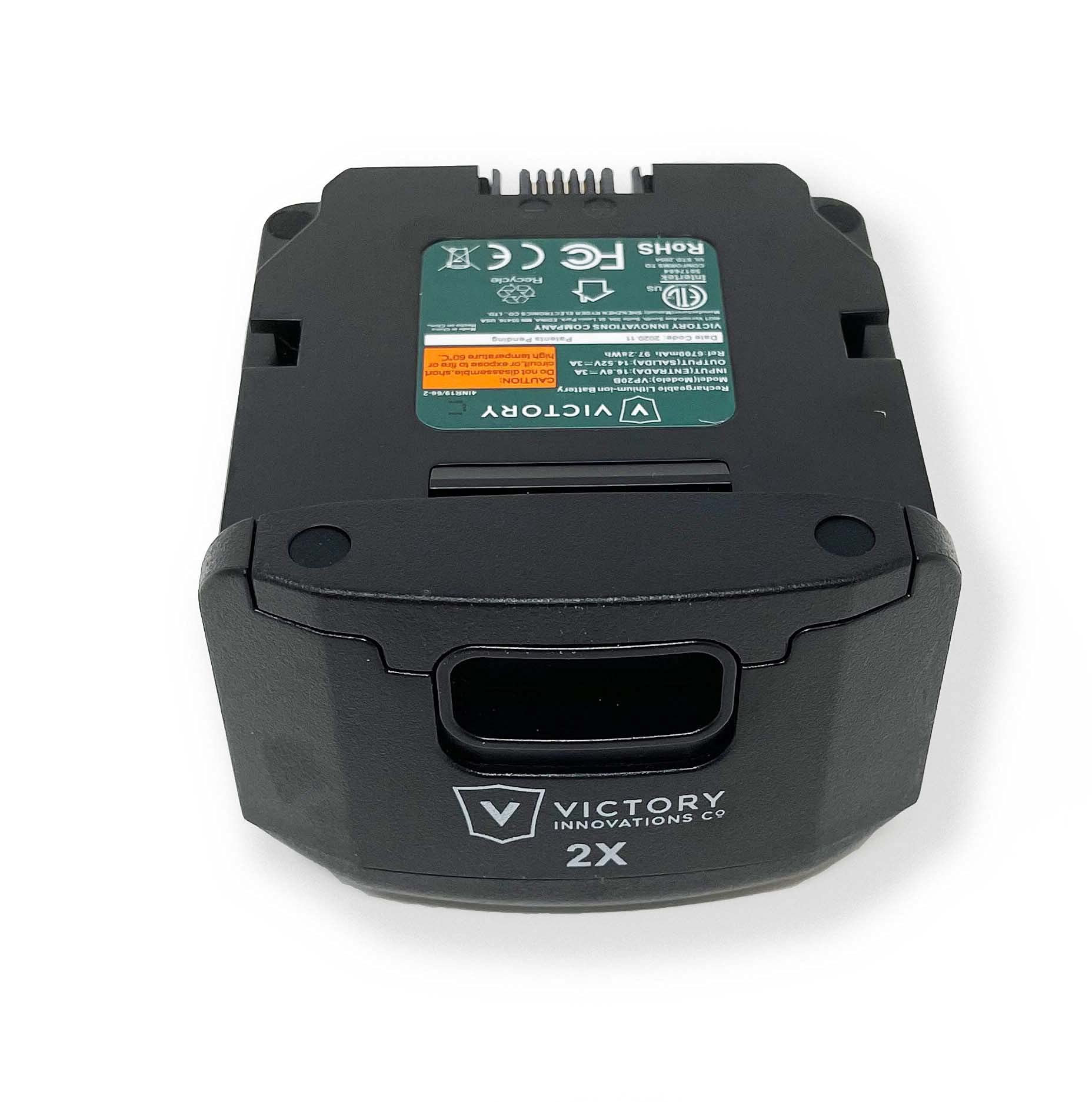 Victory Innovations VP20B battery side view with extended runtime.
