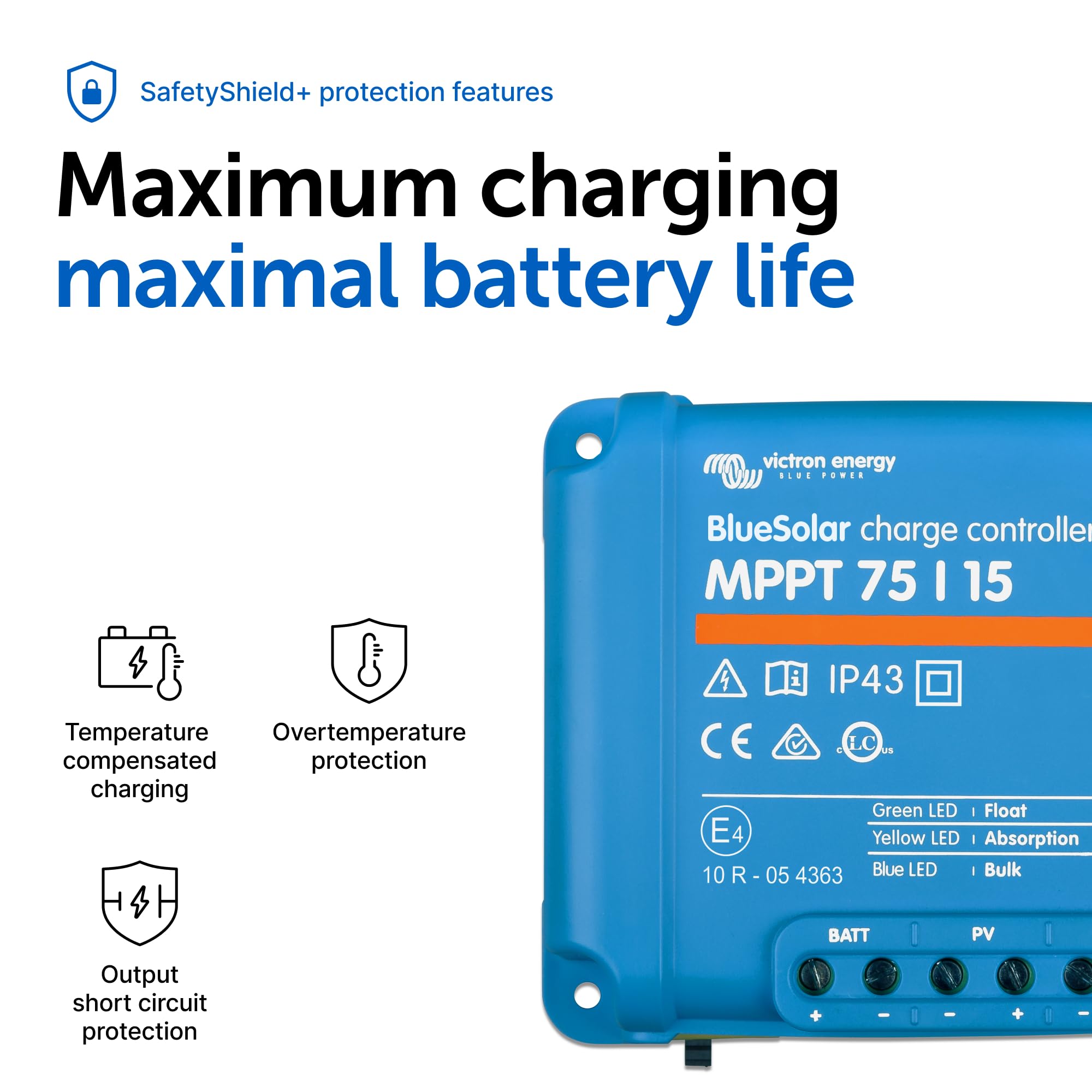 Victron Energy BlueSolar MPPT controller Bluetooth dongle area for wireless monitoring readiness.