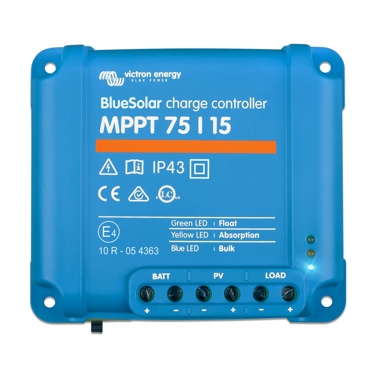 Victron Energy BlueSolar MPPT controller front view showing compact housing for easy installation.
