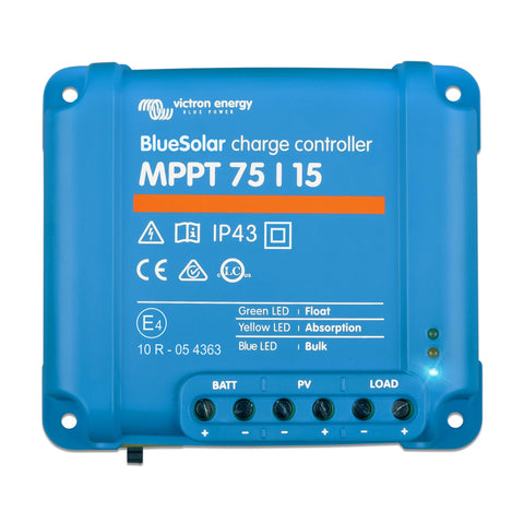 Victron Energy BlueSolar MPPT controller front view showing compact housing for easy installation.