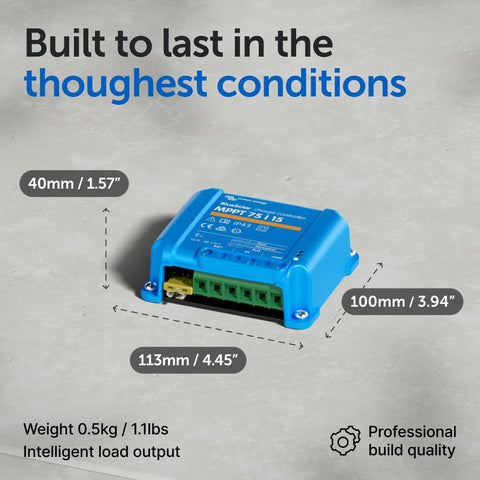 Victron Energy BlueSolar MPPT controller side ports shown for convenient wiring access.